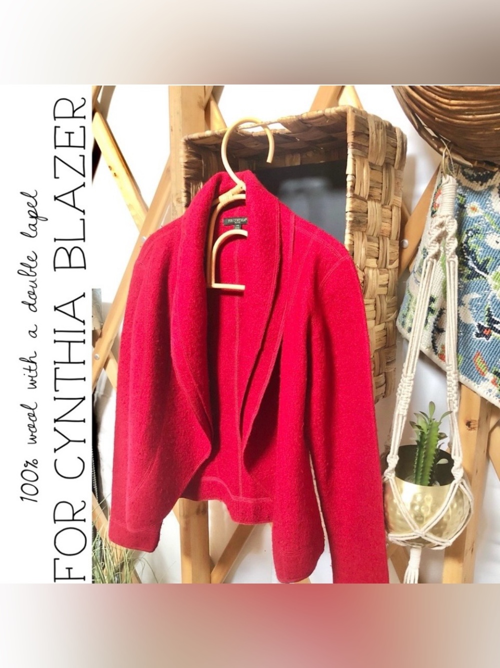 For Cynthia Red Wool Double Lapel Blazer Jacket